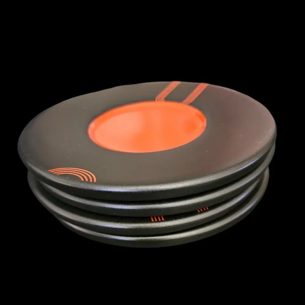 IKEA Black Red Orange Geometric Salad Plates Set of 4 Made in Thailand